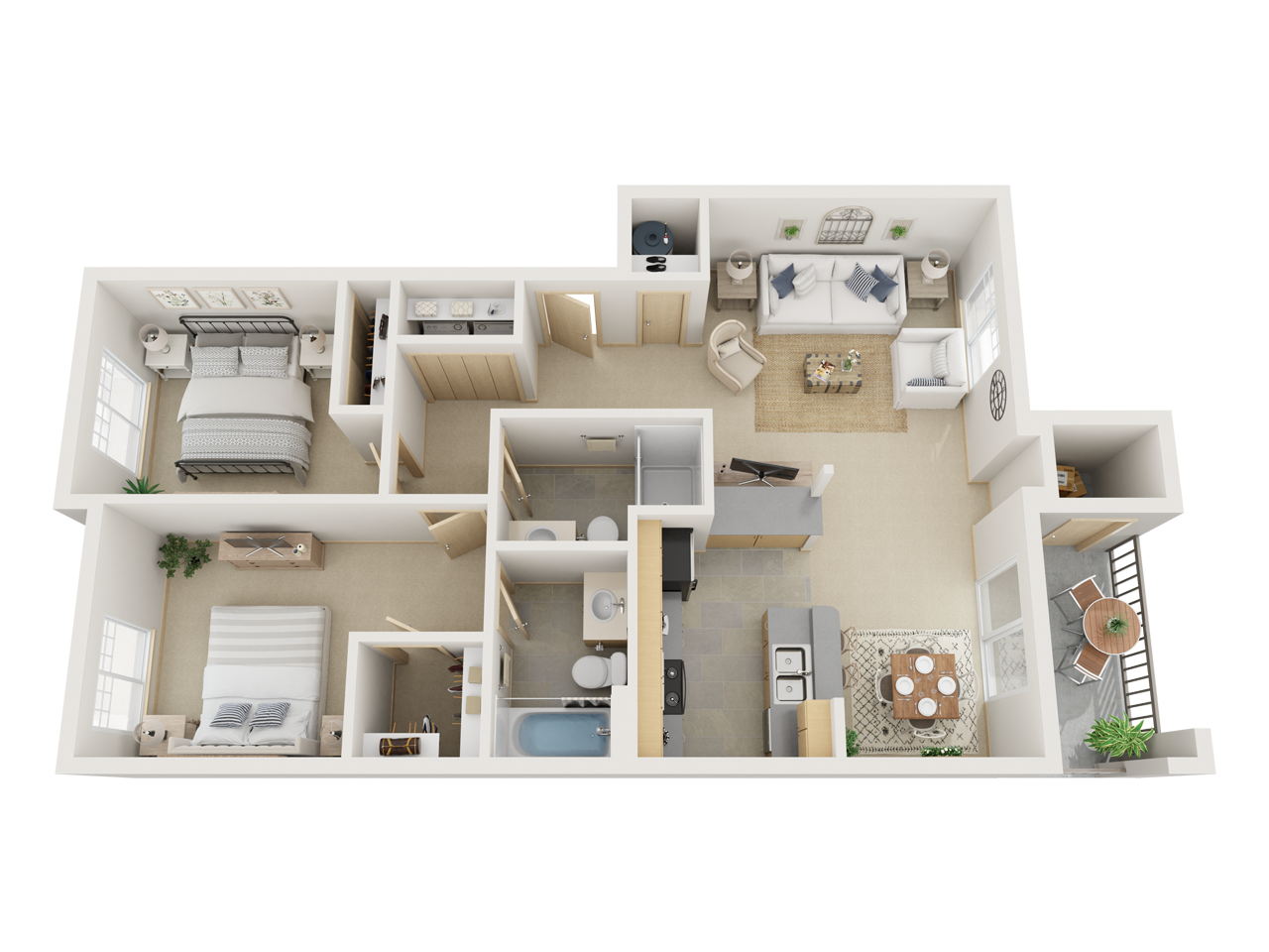 Floor plan for 2 beds, 2 baths, 982 sqft